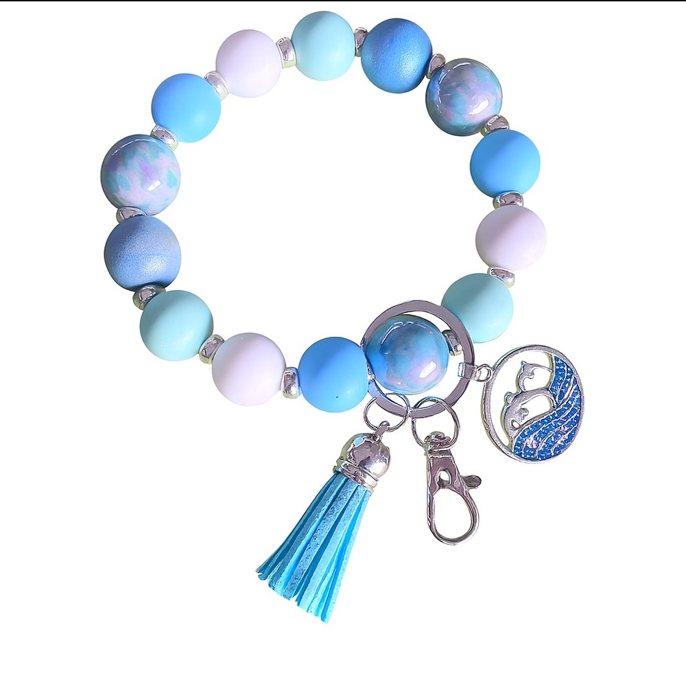 Silicone and Wood Beaded Keychain Bracelet with Tassel and Dolphin Charm